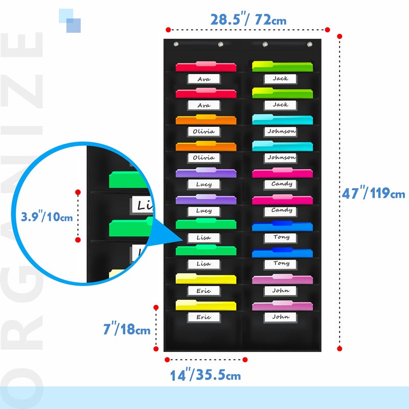 Vantasii Nylon Storage Pocket Chart with 20 Name Tag Pockets, Hanging Wall File Organizer, 4 Hooks and 20 Blank Cards, Organize Your Assignments, Files, Scrapbooks, Paper (28.5â€x 47â€) â€¦ - Image 2